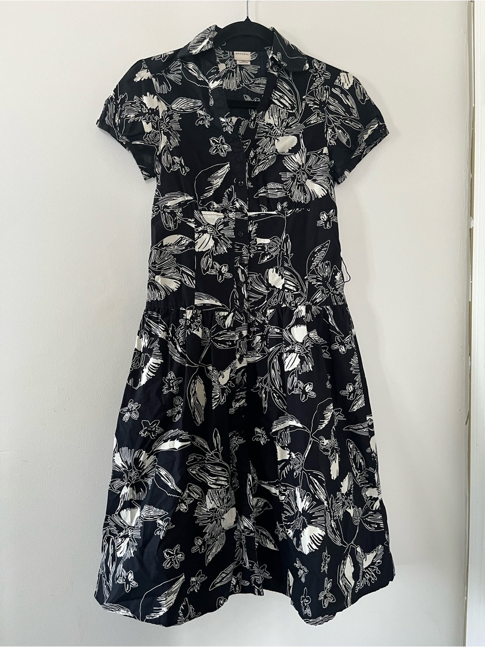 Merona Black White Tropical Floral Cotton Shirt Midi Dress XS Modest Church
